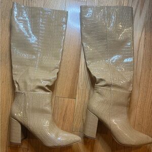 Lulus Tan Croc-Embossed Knee-High Boots